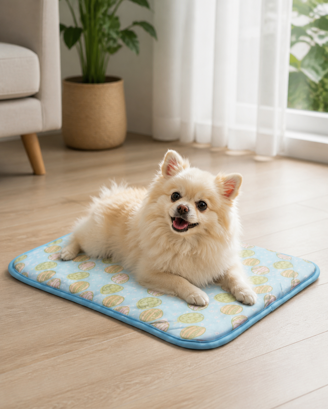 Small cream Pomeranian resting on the blue Ice Silk Dog Cooling Mat in a bright living room.