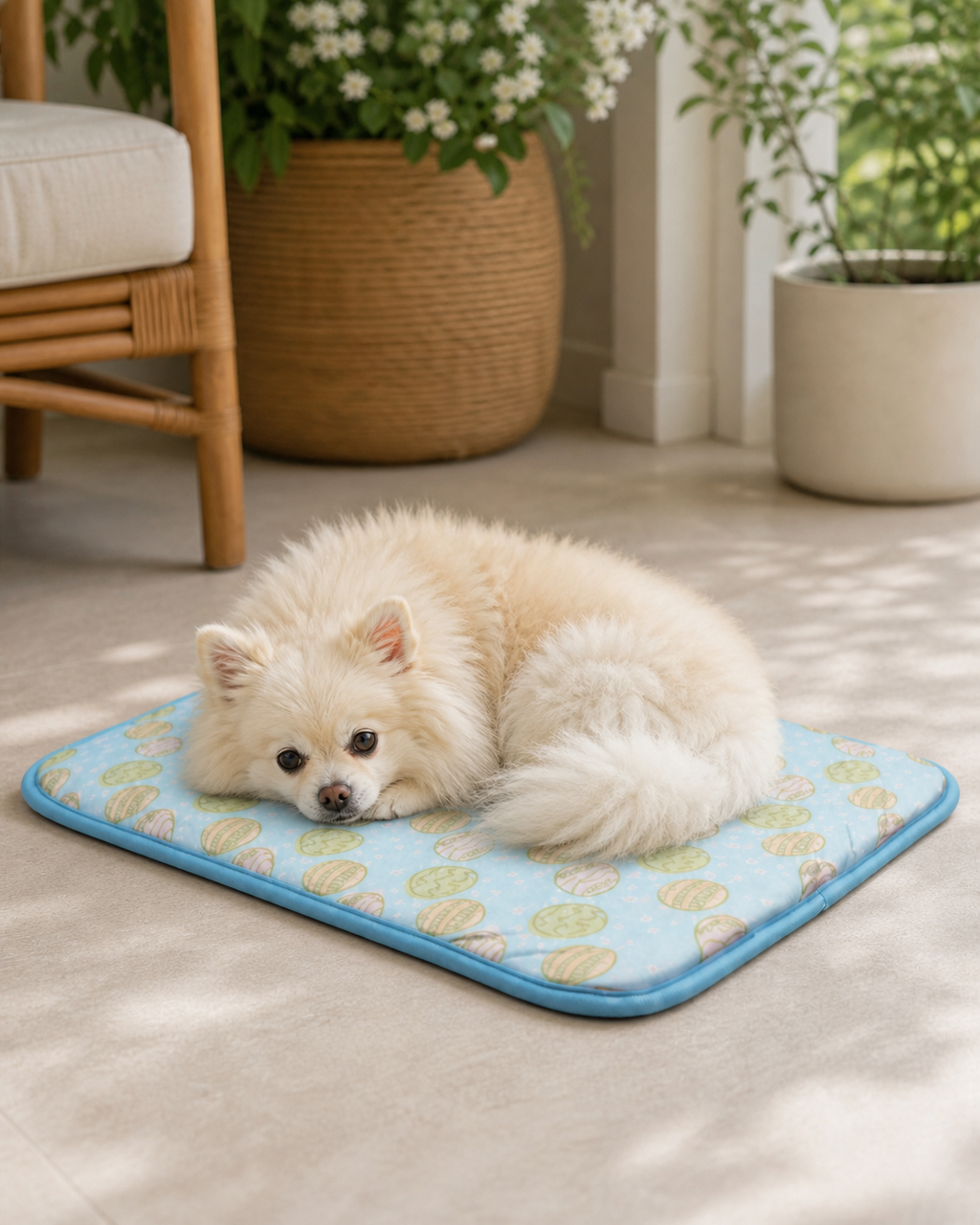 Small cream Pomeranian curled on the blue Ice Silk Dog Cooling Mat in a shaded sunroom.