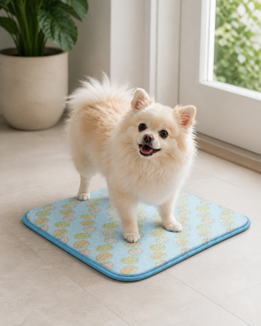 Small cream Pomeranian standing on the blue Ice Silk Dog Cooling Mat to show the small 16 by 20 inch size.