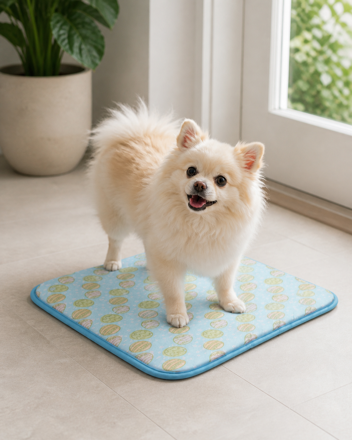 Small cream Pomeranian standing on the blue Ice Silk Dog Cooling Mat to show the small 16 by 20 inch size.