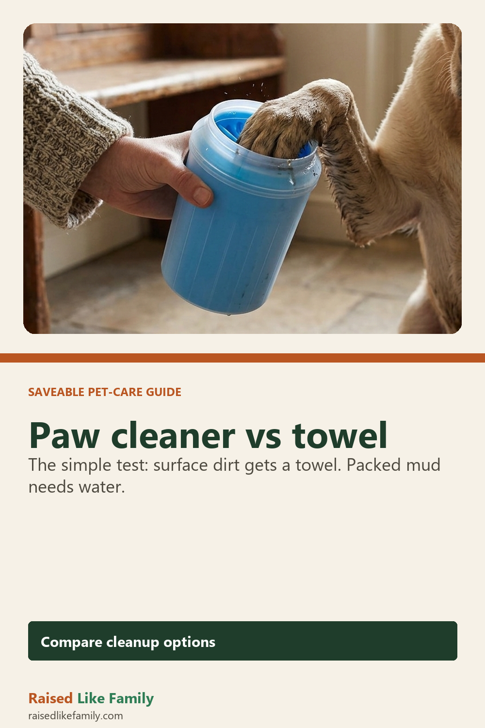 Paw cleaner vs towel guide showing when packed mud needs water before towel drying