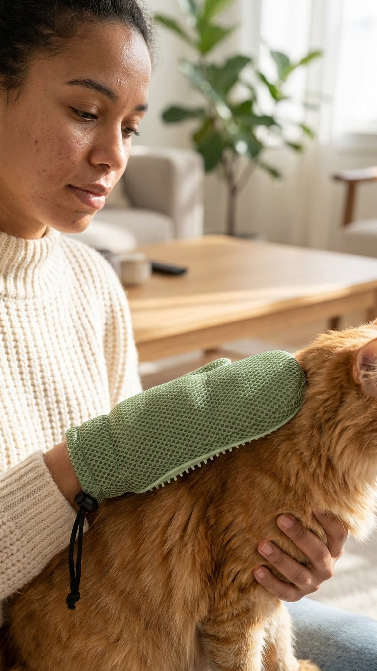 Hand in a green silicone grooming glove stroking a cat, loose fur lifting onto the glove