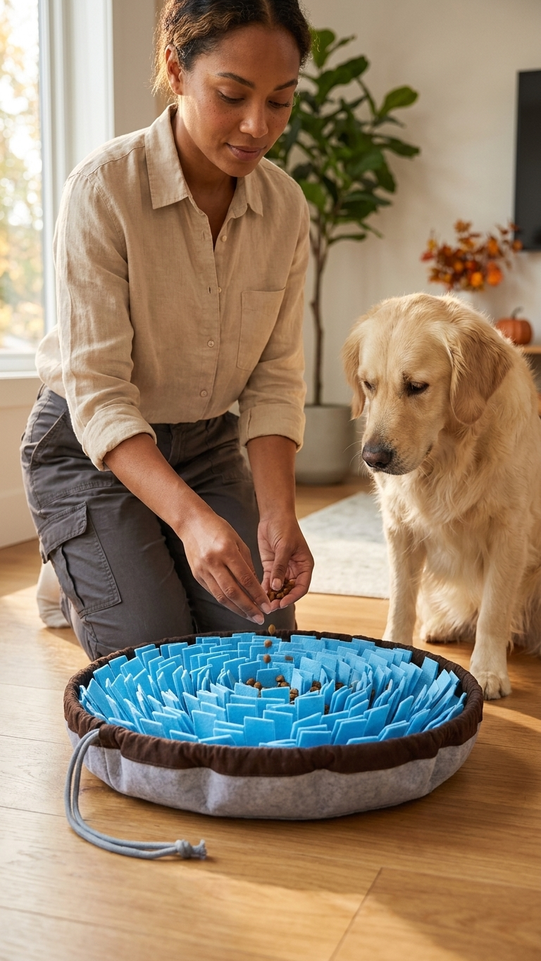 Dog nosing through the fleece of a blue adjustable snuffle mat to find kibble