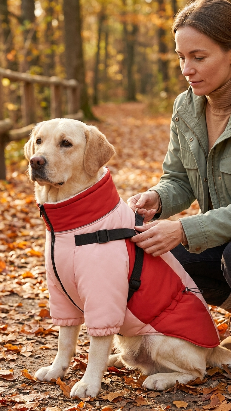 Fleece-lined winter dog coat with built-in harness, worn on a walk