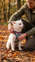 Dog wearing a light-up LED no-pull harness on a dark walk