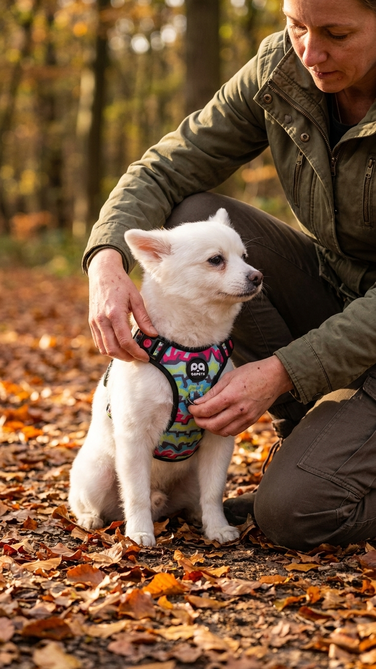 Dog wearing a light-up LED no-pull harness on a dark walk