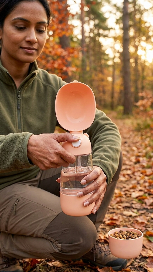 Portable dog water bottle pouring into its built-in trough on an autumn walk