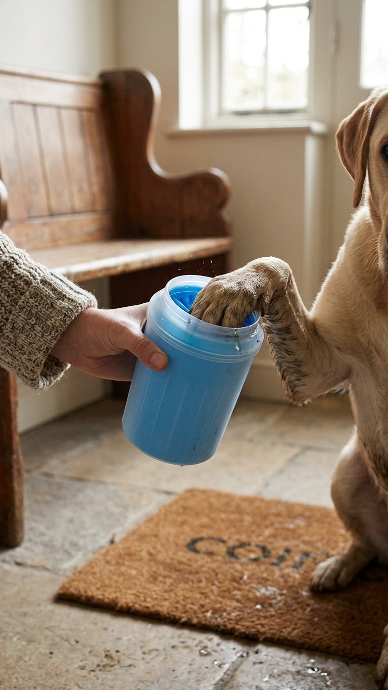 Dog resting a muddy paw into a blue silicone paw cleaner cup on a doormat