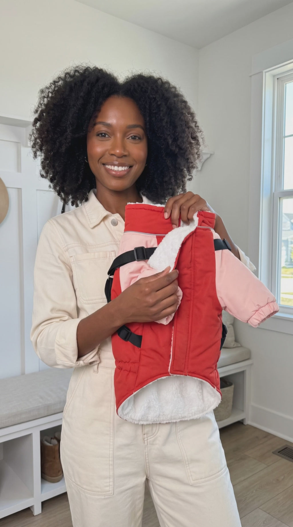 Supporting product-use video — fleece-lined winter dog coat demonstration