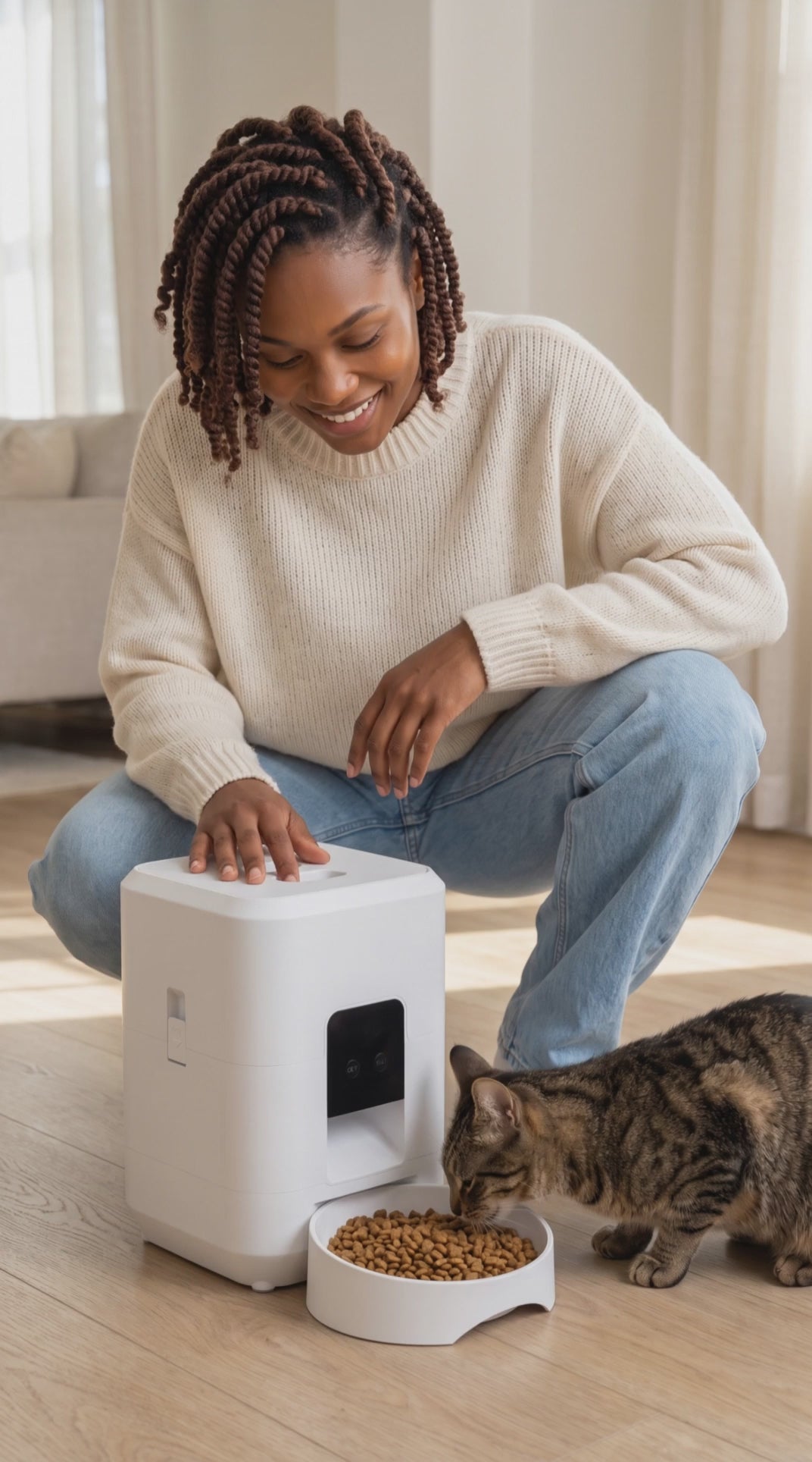 Primary product-use video — smart automatic pet feeder feeding a cat