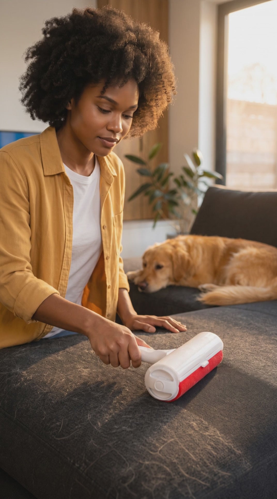 Primary product-use video — reusable pet hair remover roller on a couch