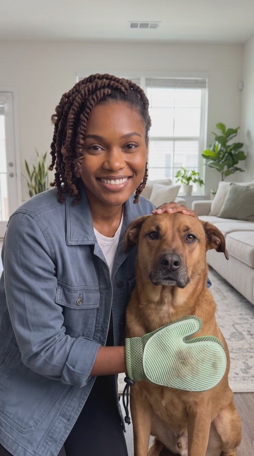 Primary product-use video — pet fur glove used on a dog