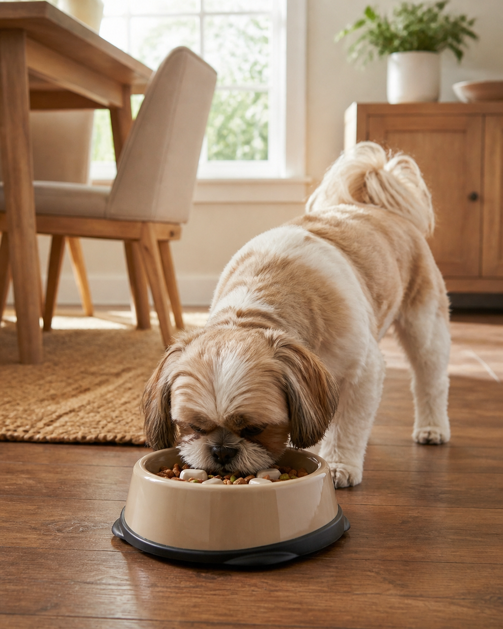 Small flat-faced dog eating from the shallow beige and black slow feeder bowl